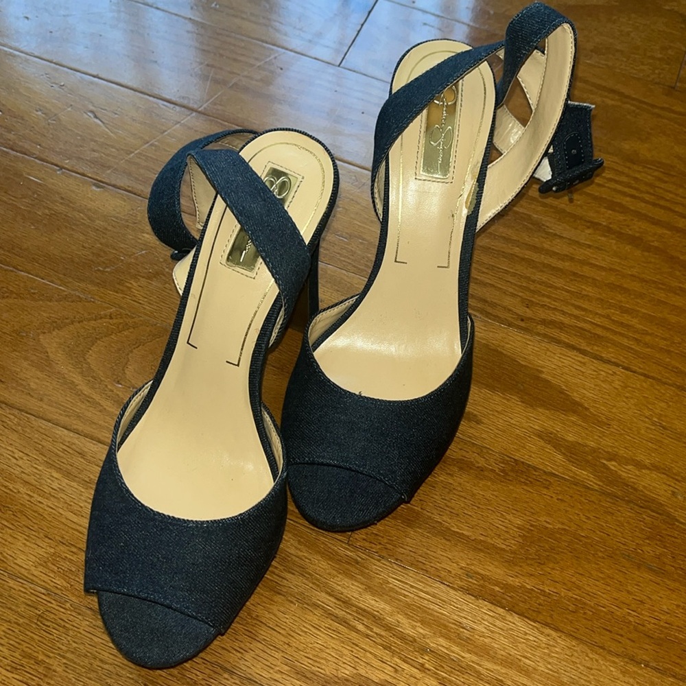 Jessica Simpson Ankle Strap Open Toe Denim Fabric Block
